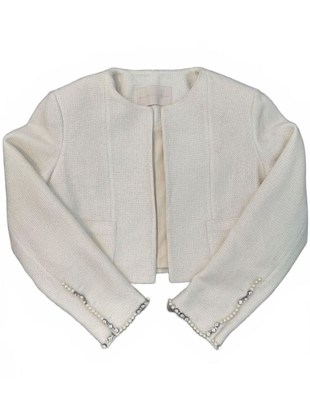 Beymen Ivory Cotton Tweed Style Cropped Jacket Blazer‎ w/ Pearls and Rhinestones